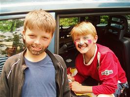 Ashley and Olly show off their face paints back at Buckfastleigh, applied during the homeward journey - new photo for 2025