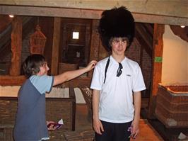 Matt tries on a bearskin - with willow support accessories - at the Wetlands centre