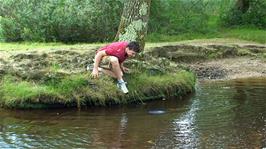 Everyone hopes that Lawrence will fall in when retrieving the frisbee from the Ober Water at Puttles Bridge, 7.4 miles into the ride