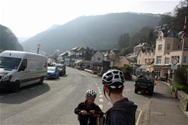 John and Will at Lynmouth, looking back to the Bath Hotel