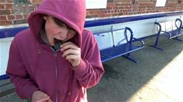 Lawrence looks very shady as he eats the dried seaweed he bought earlier today in Bath on Taunton Station as we wait for the final train home