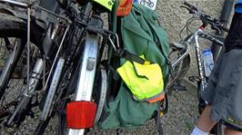 Another hosteller has attached a backpack to his bike with the help if squash rackets