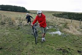 John picks his way through the bog near Water Oak Corner on the Abbots Way