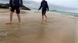 Walking back along the beach river at Harlyn Bay towards the mini-rapids that John managed to negotiate successfully