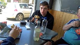 Enormous pasties for lunch in Warrens Bakery, Hayle