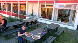 Pizza outside Montana youth hostel, Bergen