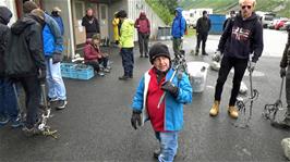 John is kitted out for our glacier walk outside the equipment centre