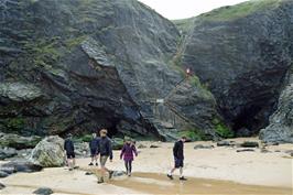 The Bedruthan Steps from the beach, showing the stabilisation work carried out in the 1990s