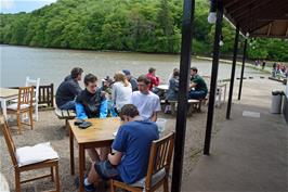 Snacks at the Rivershack Café, Stoke Gabriel, with Mill Pool behind