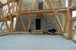 Dillan inside the atrium entrance of the Sognefjellshytta, where we first took refuge yesterday evening