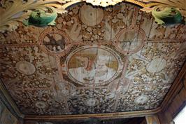 The ornate ceiling above the altar in Lom Stave Church, added around 1608