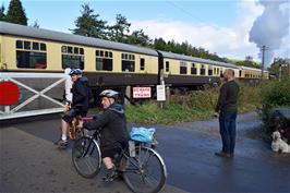 A steam train blocks the way at Staverton Station