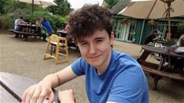 Jude enjoys Lavender Cake at the Boathouse Café, Regents Park, London