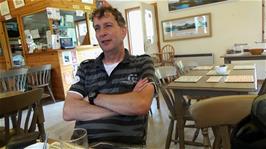 Michael enjoying coffee at Achins Bookshop, Inverkirkaig