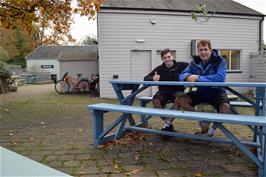 Dillan and Michael at the Cider Press Centre, Dartington after coffee