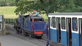 The miniature steam engine connects to the front of the train at Dalegarth Station