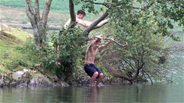 George considers testing out his new swing rope on Woodhouse Island, Crummock Water