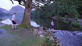 Tao attempts to cross the Buttermere Dubs river to the waterfall on the other side