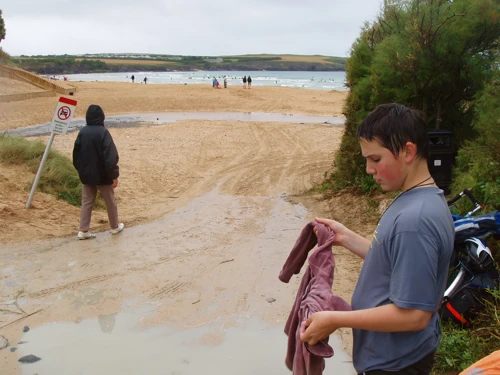 Soaked clothes leaving Harlyn Bay; fortunately the hostel isn't far away.