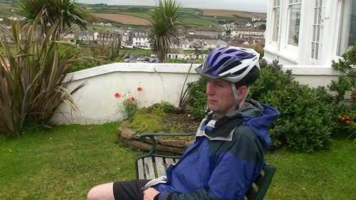 Michael enjoying great views across Perranporth Beach from the front garden of Chy an Kerensa Guest House, Perranporth
